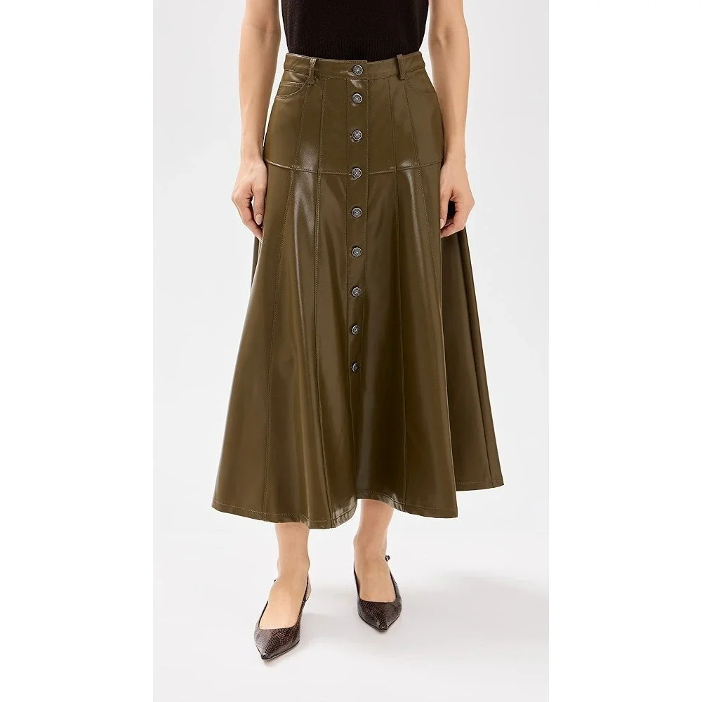 Cinq À Sept Veena Skirt a-line Midi Button Olive  Green Vegan Leather  6 Worn 1x